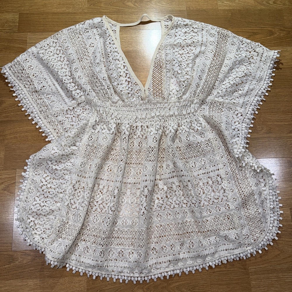 Xhilaration White Lace Swim Cover Up Pom Pom Trim V-Neck Open Back Medium